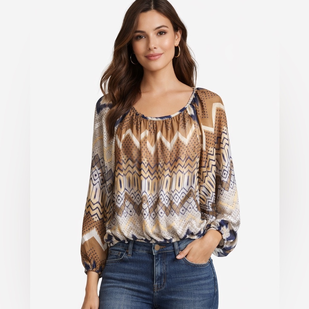 La Ropa flowy transparent Aztec design blouse size L